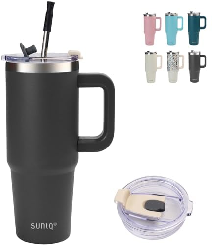 SUNTQ 1180ml/40oz Tumbler mit Griff, Doppelwandige Vakuum Isolierte Wasserflasche mit Stroh und Deckel, Edelstahl Reise Kaffeebecher, Thermische Tasse für Getränke, Fit in Becherhalter(Schwarz)