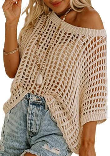 Dokotoo Womens Fashion Spring Summer Tops 2026 Short Sleeve Crochet Hollow Out Sweaters Scoop Neck Lightweight Thin Knit Pullover Apricot Large