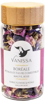 Vanissa Boréale - Essbare Blütenblätter: Rosenblätter, ganze Malvenblüten im Glasbehälter