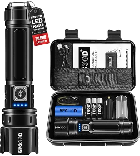 SPGOOD Taschenlampe Led 20000 Lumen, USB Aufladbar Zoombare Taktische Taschenlampen mit 5 Lichtmodi&Holster,5000 mAh, IP67 Wasserdicht Taktische Handlampe für Wandern, Camping, Outdoor, Notfäll
