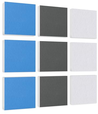 platino24 Akustikpaneele 9 Elemente Colore Quadrat 27,5 x 27,5 cm Hellblau + Grau + Weiß I Schallabsorber aus Basotect G+ mit Akustikfilz I Schalldämmung Wand & Decke I Akustikelemente Wandpaneel