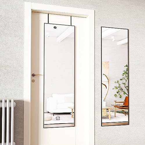 Koonmi Espejo de cuerpo entero, 41 x 127 cm, espejo de pared con 2 ganchos colgantes de altura ajustable sobre la puerta, espejo colgante con marco de aleación de aluminio para armario y dormitorio