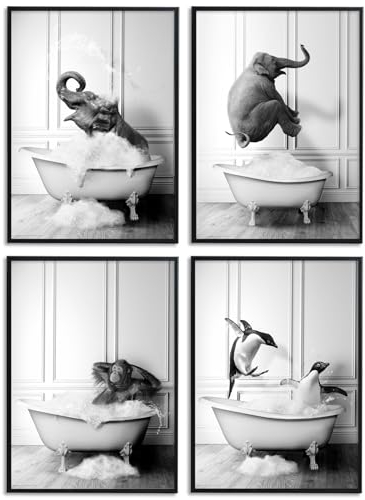 JINZUNRUI JZR Badezimmer Deko Bilder, Schwarz-weiß Bad Poster A4 Wandbilder, Lustige Tier in der Badewanne, WC Toilette Wand Deko, Leinwand Badezimmer Bilder- Ohne Rahmen