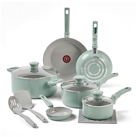 T-fal Refresh Ceramic, Ceramic Non Stick Cookware Set 12 Piece, Oven Broiler Safe 350F, Cookware, Kitchen Cooking Set w/Fry Pans, Saucepans & Kitchen Utensils, Pots and Pans Set Non Stick, Mint Green