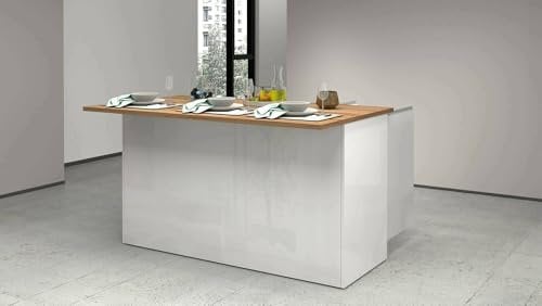Dmora - Îlot de Cuisine Patrizio, Armoire Polyvalente, Meuble de kitchenette, Table auxiliaire, 100% Made in Italy, 155x90h90 cm, Blanc Brillant et chêne