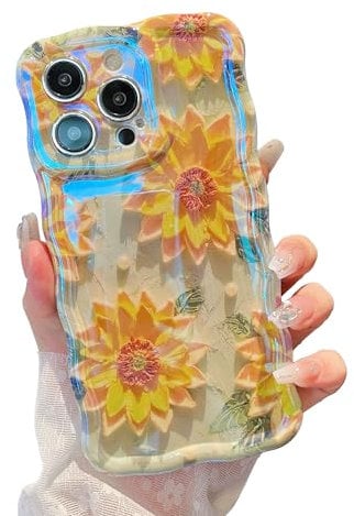 XIZYO Colorful Retro Oil Painting Flower Case for iPhone 14 Pro Max, Curly Wave Frame Laser Glossy Cute Floral Aesthetic Phone Case, Girls Women Slim Soft TPU Shockproof Cover, Sunflower/Green