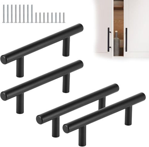 EASONGEE 4 Pack Kitchen Cupboard Handles, Stainless Steel T Bar Handles Knobs Matte Black Cabinet Handles Drawer Pulls, Wardrobe Drawer Dresser Door Gate Handles, 76mm Hole Center, 2 Size Screws