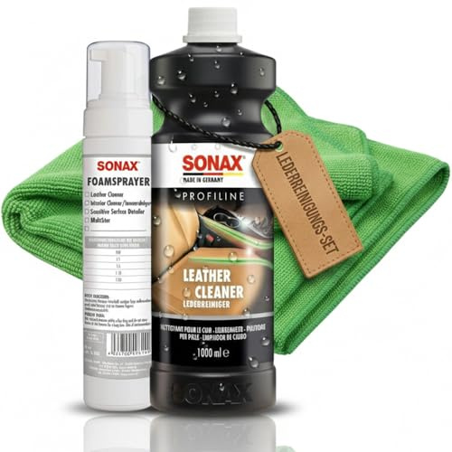 Craft-Equip Leder-Reinigungs-Set bestehend aus dem SONAX 1000ml Profiline Leather Cleaner + SONAX Foamsprayer + Zubehör (Microfasertuch)