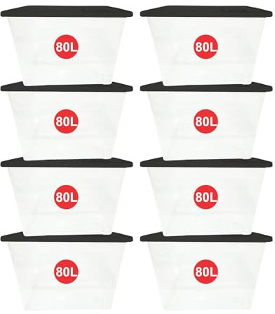 RelianceUK 80Litres Plastic Storage Box with Black Lid (Pack Of 8) 80L Nestable Stackable Large Storage Containers Plastic Box with Lid for Home, Office, Kitchen | Big Clear Storage Boxes