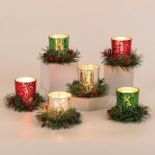 Romadedi - Portavelas para centro de mesa de Navidad: 6 portavelas de cristal con anillo de corona para decoraciones de Navidad, fiestas, decoración del hogar, portavelas votivos para chimenea,