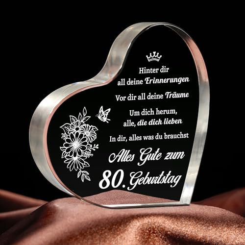 Giftasy Geschenke zum 80. Geburtstag Frau - Acrylherz Tischschmuck, Besondere 80. Geburtstagsgeschenk, Geschenkideen zum 80 Geburtstag Frau Oma Mama Mutter Schwester Tante