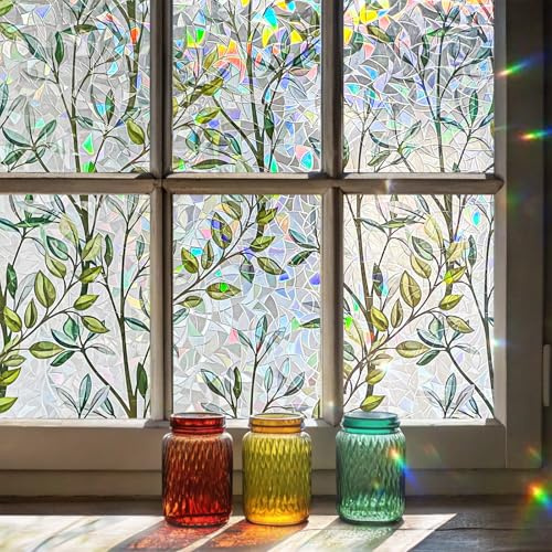 ADD.HERES Rainbow Window Privacy Film, Stained Glass Cling, 17.5 x 78.7 | Decorative Window Tint for Home Kitchen Living Room, Removable, Non-Adhesive, Anti-UV, Green Vineman
