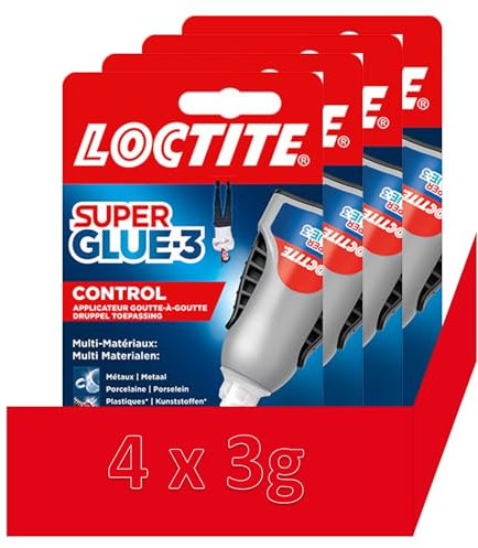 Super Glue 3 Control, Colle instantanée surpuissante avec débit contrôlé, Colle universelle pour la plupart des matériaux, colle liquide dans un flacon anti choc de 4 x 3 g