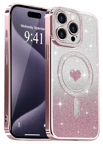 Lafunda Magnetic for iPhone 15 Pro Case Glitter, Pink | Compatible with Magsafe, Luxury Plating Sparkle Cute Heart Pattern Case for Women Girls, Glossy Soft TPU Shockproof Cover