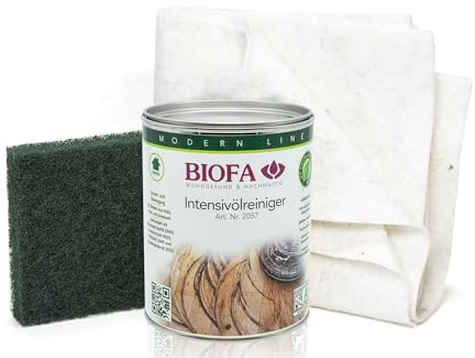 BIOFA Intensivölreiniger 1L Holzpflege-Set – inkl. Ölsaugtücher, Handpad & Anleitung gegen Überölung - Grundreinigung für Holzboden & Parkett