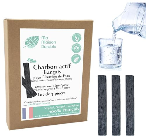 Ma Maison Durable | French Vegetable Activated Carbon Sticks x 3 pcs | Filtration 1L/Stick for 6 Months | Natural Water Purifier Filter | Oak or French Beech | Ideal for Carafe, Bottle