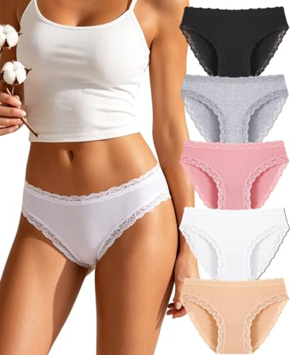 ALL OF SHE Culotte Femme Coton Dentelle, Douce Confortable Respirante, Slip Bikini Taille Basse, sous-Vêtements,Lot de 5, Tissu Côtelé, Doux pour la Peau, S-2XL