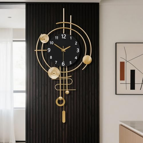 Wall Clock,Silent Quartz Movement Battery Operated with Pendulum,Oversized Metal Modern Large Wall Clocks for Living Room Bedroom Farmhouse Office Kitchen Home Wall Decor-38.8x79CM(Golden Black)