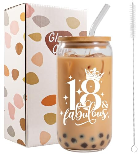 Bliceon 18th Birthday Gifts for Girls, 18th Birthday Iced Coffee Cup, 16oz Glass Cups with Lids and Straws for Daughter, Sister, Best Friend, Granddaughter, 18 Year Old Girl