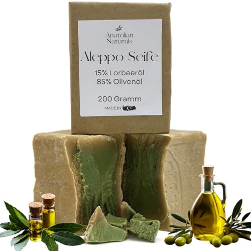 Original Aleppo-Seife 15% Lorbeeröl 85% Olivenöl ANATOLIAN NATURALS 2 x 200 Gramm - Naturseife, Haarseife, Gesichtsseife, Körperseife (2)