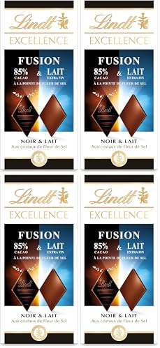 Lindt - Tablette EXCELLENCE Noir 85% Cacao & Lait à la Pointe de Sel - Fusion de Chocolat Noir & au Lait, 100g (Lot de 4)