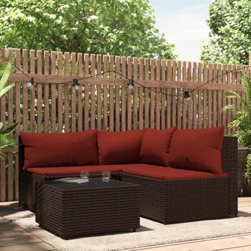IBUQDDV 4-TLG. Garten-Lounge-Set mit Kissen Braun Poly Rattan, Wetterfestes PE-Rattan Sofa mit Pulverbeschichtetem Stahlgestell und Hartglas Tischplatte für Terrasse, Modulares