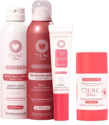 MUSC INTIME La Marque Officielle - Gel Parfumant + Déodorant Anti transpirant + Lait spray et Déodorant douche parfumés - Les Nouveautés - Sweet Litchi - La Délicieuse - Nettoie, Protège et Parfume