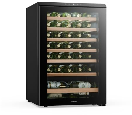 Klarstein Bevora Weinkühlschrank 48 Flaschen – Freistehender Weinkühlschrank, Touch-Bedienfeld 4–18 °C, UV-Glastür, LED-Beleuchtung, Holzablagen