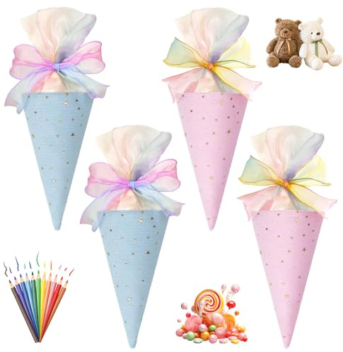 Wxeadu 4 Stück Schultüte Klein, Schultüte Mädchen Jungen, Geschwister Schultütes Mit Bunte Bänder, Kleine Schultütes Zum Befüllen, Mini Schultüten zum Befüllen für Schüler Studenten (Blau+Rosa)
