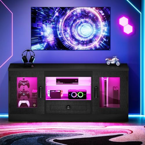 Concho Black TV Unit, TV Stand Cabinet with LED for Living Room | Suitable for up to 50'' TV, 2 Cabinets for PS5, Adjustable Shelves, Easy Assembly,106*32*50.5cm