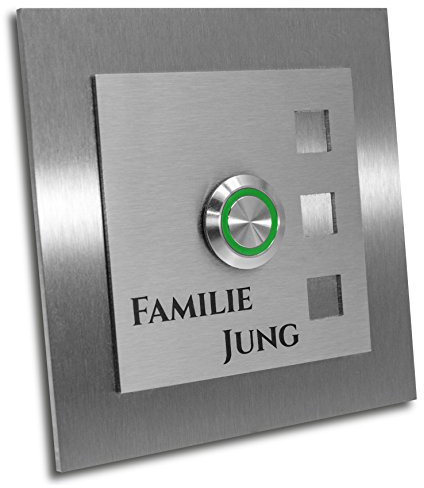 Jung-Edelstahl-Design Türklingel mit Gravur Manhattan. Klingelplatte 10x10 cm. Led Taster grün. Klingelschild V2a Edelstahl.