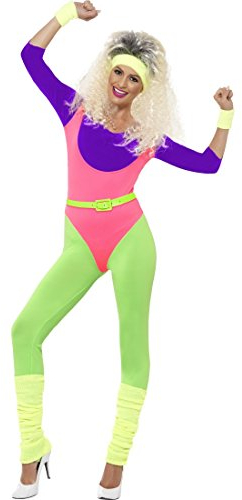 NET TOYS 80er Damen Kostüm Sport Buntes Aerobic Outfit M 40/42 Neon Jumpsuit 80s Workout Anzug Body Leggings Optik Stirnband Schweissband Faschingskostüme 80er Jahre