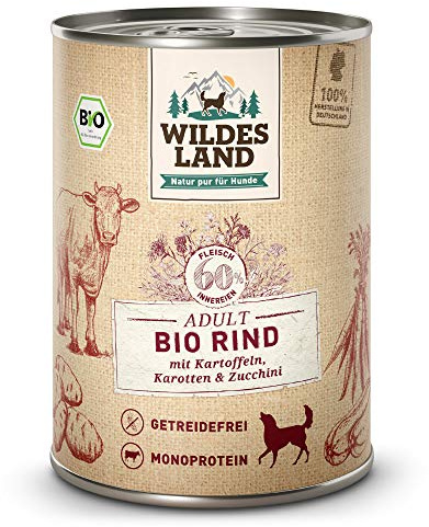 Wildes Land - Nassfutter für Hunde - Bio Rind - 6 x 400 g - Getreidefrei - Extra hoher Fleischanteil von 60% - 100% zertifizierte Bio-Zutaten - Beste Akzeptanz und Verträglichkeit