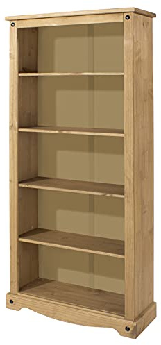 Corona 5-Shelf Tall Bookcase, Solid Pine Wooden Storage Display Unit for Books, CDs, Collectibles with Adjustable Shelves, Antique Brown Wax Finish for Living Room, Bedroom, Office or Hallway