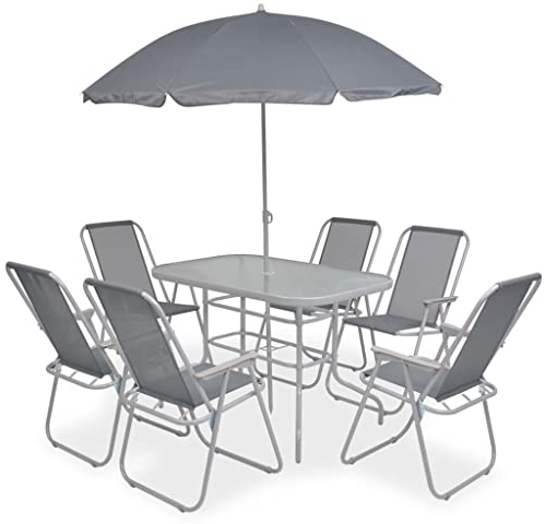 vidaXL Gartenmöbel 8-TLG. mit Schirm Gartengarnitur Sitzgruppe Sitzgarnitur Gartenset Esstisch Gartentisch Tisch Stühle Stahl Textilene Grau