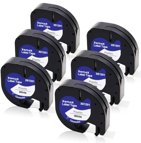 6x XemaX Kompatibel für Dyno Letra 12mm x 4m Etikettenband, Schwarz auf Weiß Schriftband 91201 91221 S0721610 S0721660 Kunststoffschriftband für Dyno Gerät LT-100H 100T XR 200B 2000 XM 80 109xr 10g