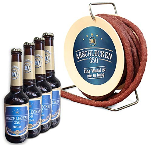Arschlecken 350 Wursttrommel Bierset, 3,5m lange, scharfe Snackwurst (240g) & 4 Flaschen Bier á 0,33l