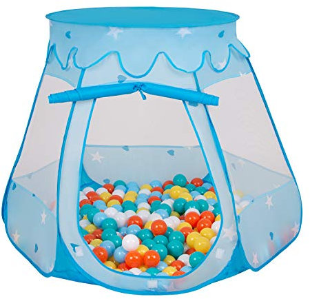 Selonis Tienda 105X90cm/200 Bolas De Campaña/Castilo Plegable con Bolas 6Cm para Niños, Azul:Blaco-Amarillo-Naranja-Azulclr-Turquesa