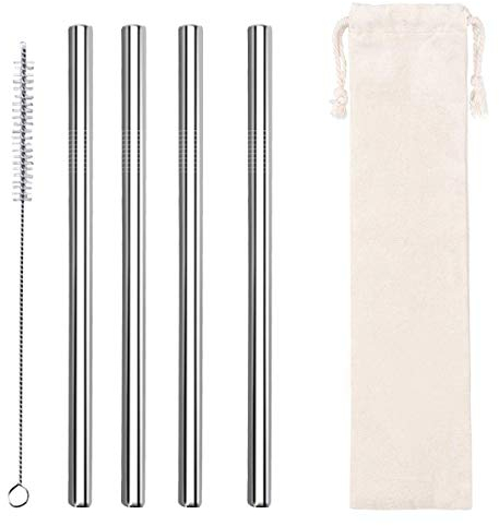 AF-WAN Lot de 4 pailles en métal réutilisables en acier inoxydable - 12 mm - Idéales pour le thé à bulles et boba, les milkshakes et les boissons chaudes avec sac