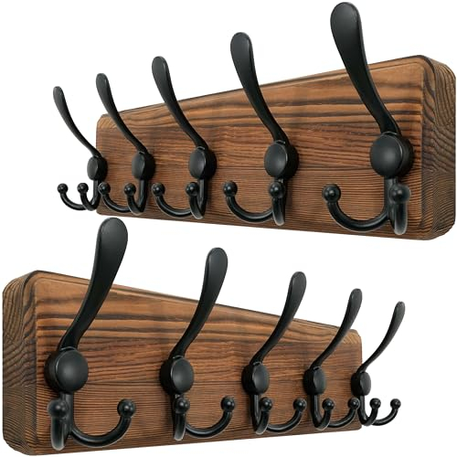 WEBI Garderobenleiste,Garderobenhaken mit 5 Dreifachhaken,Wandgarderobe Holz,Kleiderhaken Wand,Hakenleiste Garderobe,Jackenhalter Wand für Mäntel,Jacken,Rustikal Braun,2 Stück