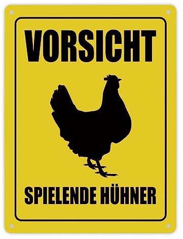 Metallschild XL mit Huhn Motiv und Spruch: Vorsicht spielende Hühner