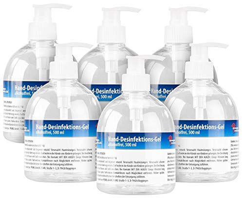 newgen medicals Desinfektion Viren: 6er-Set Hand-Desinfektions-Gels im Spender, alkoholfrei, je 500 ml (Desinfektionsmittelspender, Hautdesinfektion, Handgepäck)