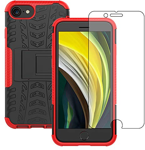 Yiakeng iPhone 8 Case, iPhone 7 Case with Screen Protector, Shockproof Silicone Protective with Kickstand Hard Phone Cover for iPhone SE 2020/7/8 (Red)
