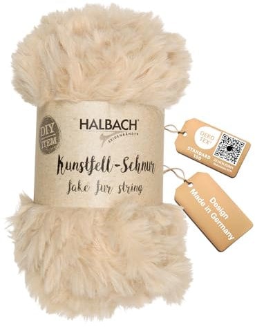Halbach Seidenbänder flauschige Wolle zum stricken | 50g Knäul - Breite: 1cm | Kunstfellgarn zum basteln | Farbe: beige