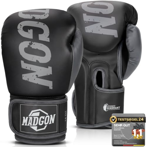 MADGON Boxhandschuhe Männer Frauen mit Klettverschluss, Kickbox Handschuhe für Muay Thai, MMA und Sparring, Box Handschuhe Herren Damen aus Kunstleder 10 12 14 16 oz, Boxing Gloves inkl Beutel