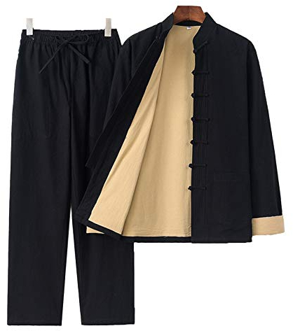 Herren Kung Fu Leinen Anzug - Traditionelle Lange ÄrmelKampfkunst Uniform Tai Chi Klassisch Tangzhuang,Geeignet für Morgengymnastik Judo Wushu Wing Chun(Color:Schwarz,Size:2XL)