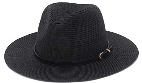 Sombreros de paja para mujeres y hombres, sombrero de verano con cinturón de cuero de ala ancha para playa, sol y jazz, 1#Black, 7-7 1/4