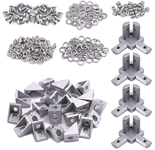 Glarks 230Pcs 2020 Series Aluminum Profile Connector Set Include 22Pcs Corner Bracket, 44Pcs T Nuts, 4Pcs 3-Way End Corner Bracket Connector and Button Head Screw Bolts Flat Washers