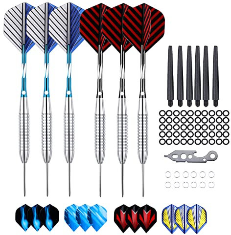 sanfeng 24 Grams Steel Tip Darts Set for Dart Board with Aluminum Shafts + 18 Flights + 50 Rubber O-rings + Dart Tool + Extra Nylon Shafts +12 Spring Rings + Storage Case