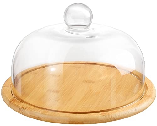 Veemoon Glass Dome with Wooden Base Cake Stand Display Dome Cloche Clear Glass Bell Jar Cover Wood Tray Cake Display Tray for Wedding Party Supplies (Clear, 10.22 in)